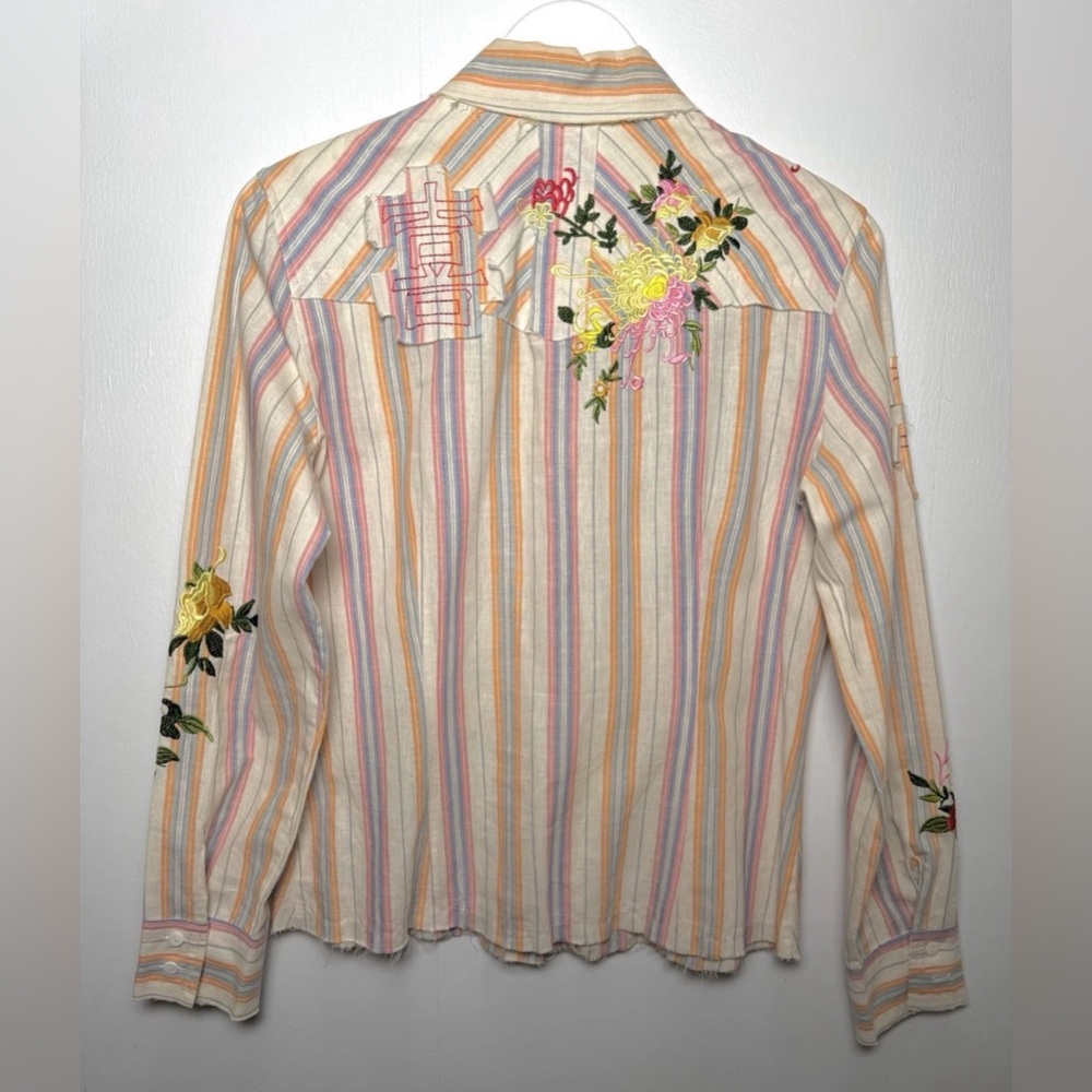 AZI Embroidered Stripe Blouse Western Boho Floral Detail Raw Hem M - Picture 3 of 13